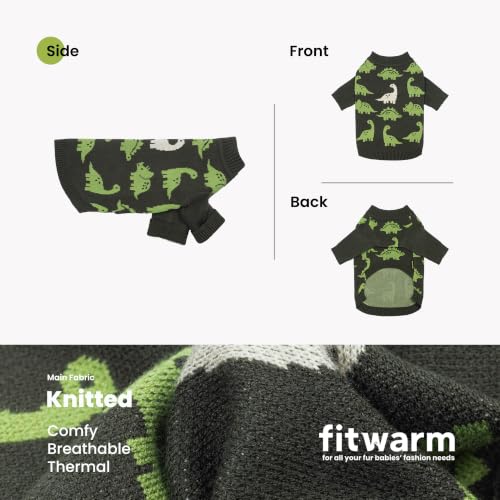 Image of Fitwarm Dinosaur Dog Jacquard Sweater, Knitted Winter Clothes for Small Dogs Boy Girl, Cozy Pet Outfit, Dark Green, Olive, White, XXL