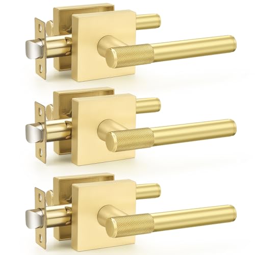 Poignées de porte de passage carrées or brossé avec levier moleté réversible