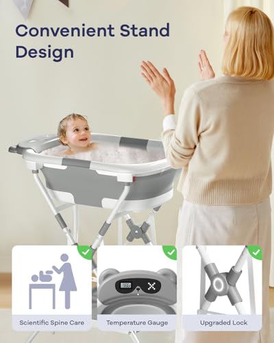 Image of AVIDOR 2-in-1 Baby Bathtub with Stand for Newborn and Infants, Foldable Baby Bath Tub, Baby Shower Gifts for New Parents, Gray