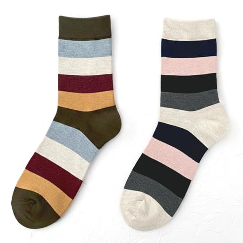 BYMARUE Men's Striped Cotton Crew Socks - Korean Fashion Socks in Multi-Color Wide Bold Stripe Pattern, Vintage, Retro, Fun, Novelty Casual Dress Socks Gift for Men | Rugby Striped (2 Pairs)