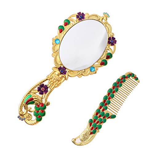 Lurrose Vintage Foldable Vanity Mirror Retro Makeup Handheld Mirror Folding Desk Cosmetic Mirror Portable Handle Mirror with Comb for Women Ladies