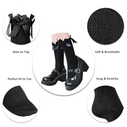 Littleforbig Women's Satin Bows Shiny Sparkly Glitter Socks 3 Pairs - Black & White & Silver2