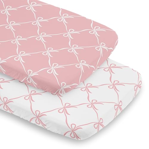 Image of Sweet Jojo Designs 2-Piece Baby Bassinet Sheets Set (White /Pink Bows) for Girls, Infant Newborn Nursery, Oval, Rectangle & Hourglass Mattress (Blush Bow, Coquette, Shabby Chic, Vintage Ballet, Dancer)