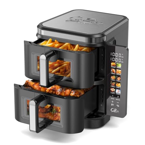 COBNN Vertikale Doppelkammer Heißluftfritteuse, 11L Dual Zone Airfryer mit klappbarem Farbdisplay, 10 programme, Sichtfe...