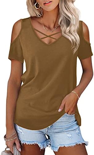 Amoretu Women V Neck Loose Shirts Criss Cross Open Shoulder Tops, Coffee S