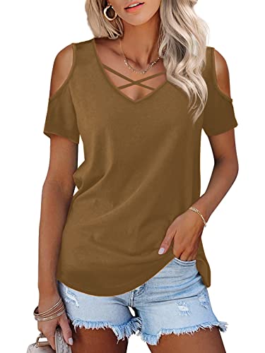 Amoretu Women V Neck Loose Shirts Criss Cross Open Shoulder Tops, Coffee S #TOP20