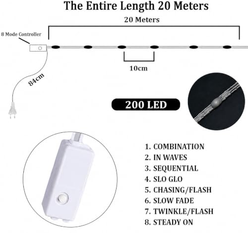 Image of fizzytech Rice Fairy String Lights, 20 Meter Copper Wire Point Control Lights with 8 Flash Modes for Diwali, Christmas, Wedding, Window, Garden & Home Decoration - Red, 200 LED