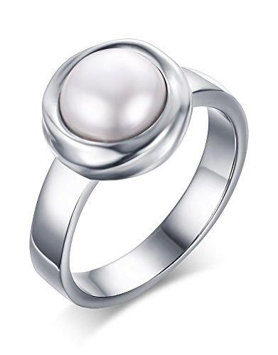 Stainless Steel Pure White Freshwater Cultured Pearl Engagement Band Ring For Women,Size 7-9 (7) #TOP11