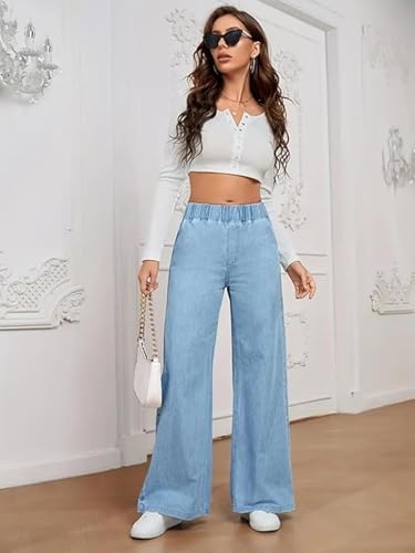 Image of ADBUCKS Women's Stretch Denim Wide Leg Jeans Comfort Fit with Elastic Waistband, Straight Cut, Casual Style for All Seasons, Versatile Clothing