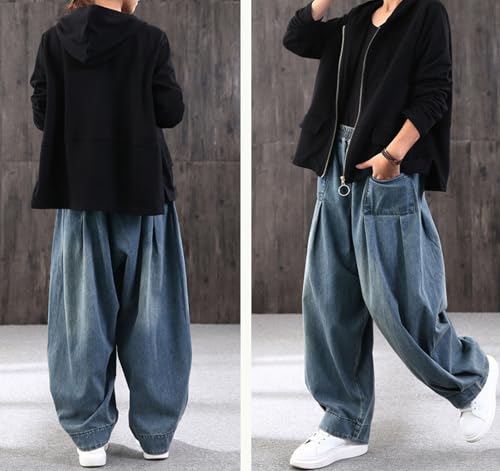 loveimgs Women Pleated Wide Leg Denim Pants Baggy Boyfriend Barrel Jeans Elastic Waist Balloon Harem Pants Y2k3