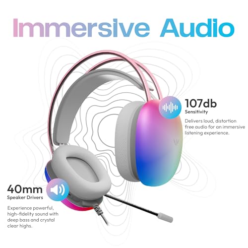Image of VERITY Over-Ear Wired Gaming Headset for PC, Lightweight Comfort Design with Mic, Powerful 40mm Audio Drivers, RGB Lighting, Adjustable Headband, Soft Breathable Ear Cushions, 3.5mm AUX, White