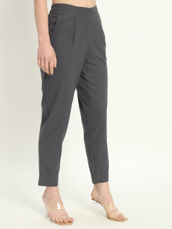Image of Women's Solid Straight Fit 100% Cotton Trousers | High Waist, Side Pockets, Ankle Length Pants for Office, Casual