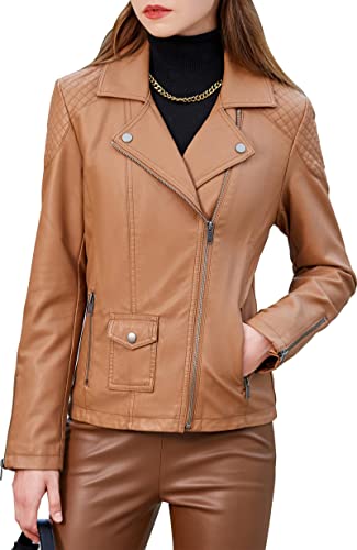 S P Y M Womens Faux Leather Jacket, Moto Biker Coat, Quilted Zip Up Outwear