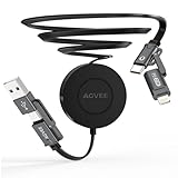AGVEE 0.3ft Fixed / 2.3ft Extend 4 in 1 Multi USB Charger Cable Mountable One Way Retractable 60W Fast Charging Cord, Pocket-Sized for iPhone 16 15 14 13 12 11, Samsung, Android, Desk Organizer, Black