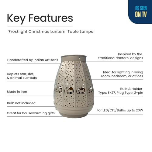 Image of ExclusiveLane 'Frostlight Christmas Lantern' Iron Decorative Table Lamp for Bedroom (22.4 Cm, Without Bulb, Hand-Etched) | Table Lamp for Living Room Decoration Bedside Lamp Bedside Lamps for Bedroom