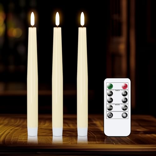 Image of Real Wax Flameless Taper Candles, LED Taper Candles Battery Operated with Rmote, Ivory Flameless Battery Candlesticks with 3D Flame for Spring Wedding Home Decor(0.78 inchx9.84 inch)