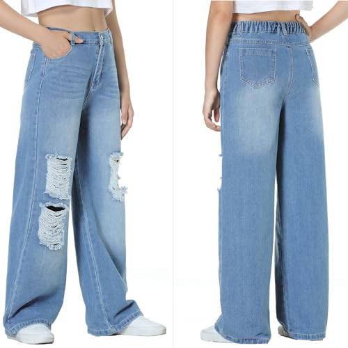 EXARUS Girls Jeans Baggy Pants Wide Leg/Flare/Skinny Teen Ripped Denim Tween Clothes Outfits Preppy Casual Kids 6-14Y3