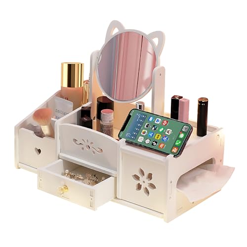 Naturezhen Make Up Organiser, Organizer Trucchi con Cassetti Specchio, Multiuso Organizzatore Trucchi per gioielli, spazzole, rossetto e creme, cosmetici per Comò, Camera da Letto