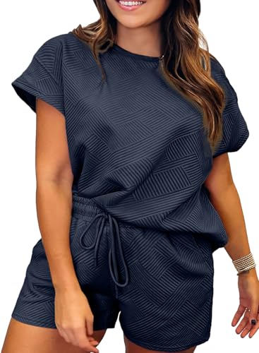 Image of Eytino Women Plus Size 2 Piece Outfits Sweatsuit Short Sleeve Pullover Tops and Drawstring Shorts Pants(1X-5X)