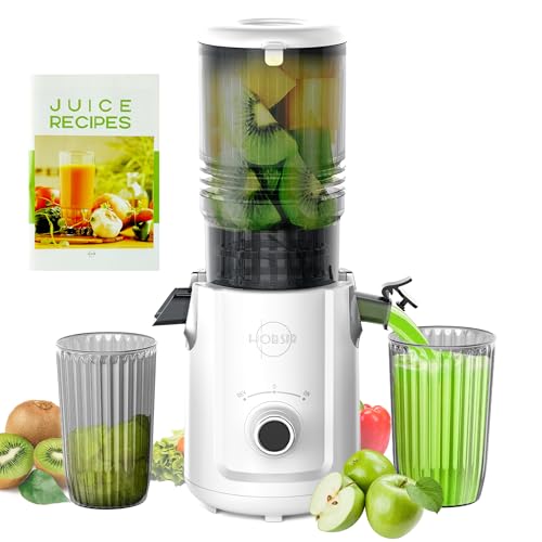 Hobsir Juicer Machines, 5.3-Inch Cold Press Juicers, Masticating Slow Juicer Machines with 300W, Large Feed Chute Juice Machines for Vegetables and Fruits, Easy to Clean Juicers, White