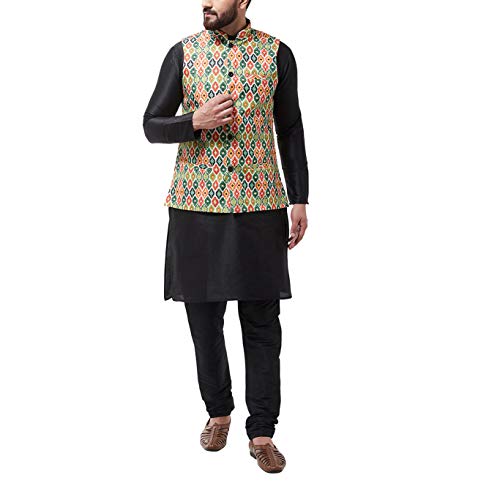 Image of SOJANYA (Since 1958 Men's Silk Blend Black Kurta Pyjama & Printed Nehrujacket Combo