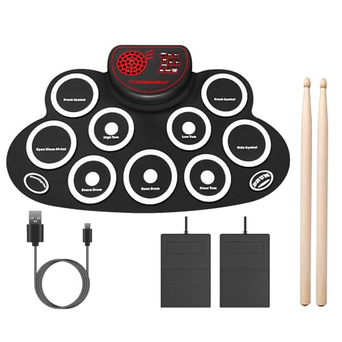 10 Pads Electric Drum Set, Foldable 10-Drum Silicon Drum Kit with Sticks