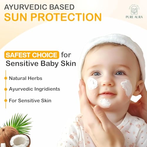 Image of Pure Aura Baby Sunscreen 50 gm | SPF 30 Kids Sunscreen | 100% Mineral & Ayurvedic | Chemical-Free | Outdoor Safe | Sensitive Skin Friendly | Doctors Recommended | 6M to 8 Yrs