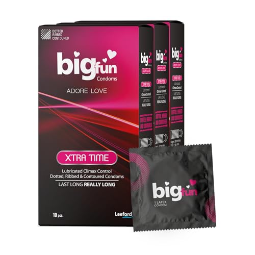 Image of Bigfun Xtra Time Climax Control Condom | Ribbed, Dotted & Contoured Design | Pack of 3