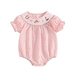 FIOMVA Toddler Baby Girl Clothes Summer Smocked Romper Bow Embroidery Bubble Onesie Short Sleeve Cute Bodysuit Outfits (Pink Western Print, 18-24 Months)
