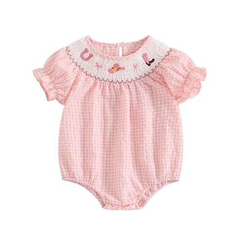 Licupiee Baby Girl Smocked Western Romper Short Sleeve Bubbl