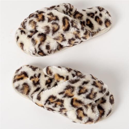 Image of Women's Cross Band Fuzzy Slippers Fluffy Open Toe House Slippers