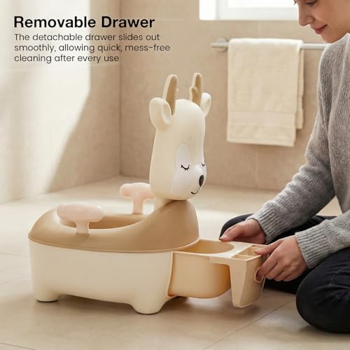Image of Baybee Deer Baby Potty Seat for Kids 2 to 5 Years with Back Support | Foldable Toilet Seat with Removable Drawer & Cleaning Brush | Premium Potty Training seat | Kids Toilet Chair Boys Girls (Beige)