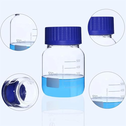 Paalee 6 Pack Graduated Round Reagent Bottle Set, Wide Mouth Borosilicate Glass Lab Media Storage With Gl80 Blue Polypropylene Screw Caps thumb #2