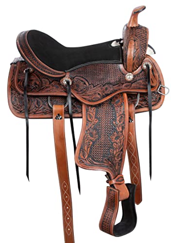 Acerugs 14 15 16 17 18 Pleasure Trail Western Barrel Racer Leather Horse Saddle Hand Tooled Headstall Reins Breast Collar (16) #TOP3