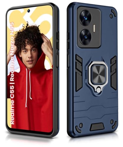 Image of WOW IMAGINE Shock Proof Back Case Mobile Cover for Realme C55 | Realme Narzo N55 | Back Cover Case (Tough Armor | Hybrid PC + TPU | Ring Holder & in-Built Kickstand | Blue)