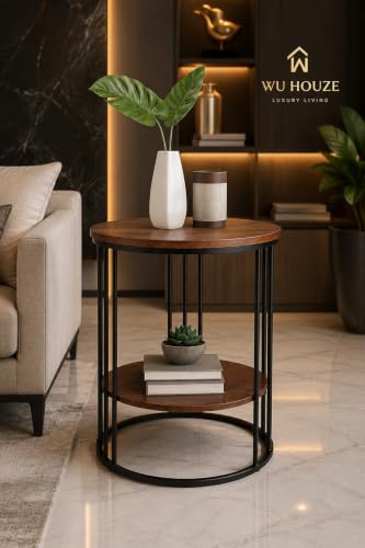 Image of Modern Double-Top Coffee Table with Rustic Farmhouse Accent, Multipurpose Living Room Bedroom, Two-Tier Small Sofa Side Bedside Table with Metal Frame Nightstand (Black Brown)