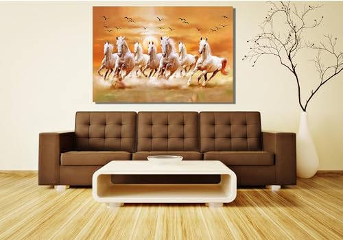 Tableau de chevaux haut de gamme grand poster de 7 chevaux blancs au galop sur toile coton 70x110