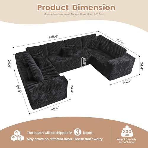 Image of HOOOWOOO Cloud Sectional Couches for Living Room,Modular Sectional Sofa No Assembly,136X70 Inch Plush Corduroy Large U Shape Floor Couch Set with Deep Seat(Black)