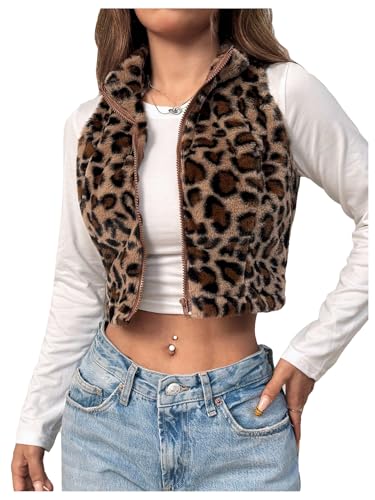 Women's Y2k Leopard Print Cropped Vest Jacket Zip Up Fuzzy Sleeveless Cheetah Outwear