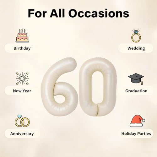 Image of Number Balloons for Birthday Decorations - 40 Inch Large Party Balloons 60, Cream Foil Number Balloons for Boys Girls, Balloons for Party Supplies