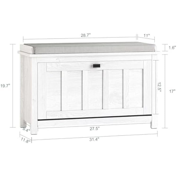 Haotian Shoe Storage Bench Entryway, Shoe Cabinet Bench Hallway, Small Shoe Rack with Flip-Drawer and Seat Cushion, White, 31.5x11.8x19.7 FSR161-W