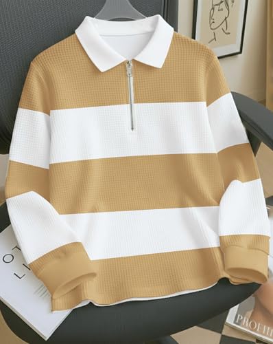 Image of Mens Stylish Half Zip Tshirt, Texture Striped Casual T-Shirt for Men, Formal Collared Neck Full Sleeves T-Shirt for Boys