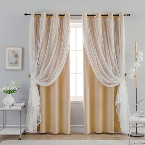 Image of Anytime Double Layer Blackout Curtains 2 Panels,52Wx120L,Beige | Sheer And Fabric Window Drapes Grommet Top Solid Color Bedroom Living Room Home Decor