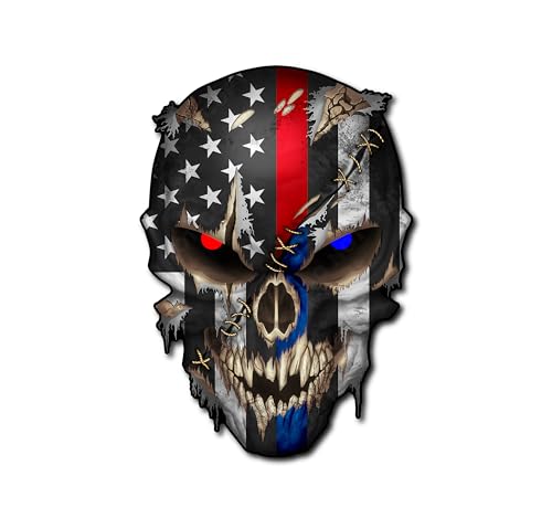 Image of Ripped Skull US Flag with Thin Blue and Red Line Honoring Police and Firefighters Fire Fighter Department Fireman Firewoman