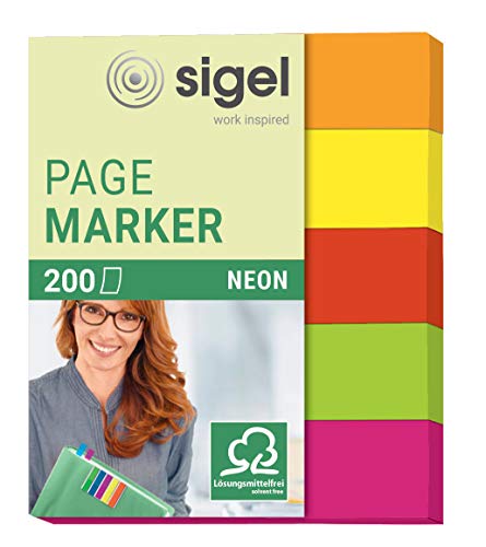SIGEL HN655 Marcapáginas de papel adhesivos, funda de 200 tiras de 50 x 12 mm, 5 colores neón