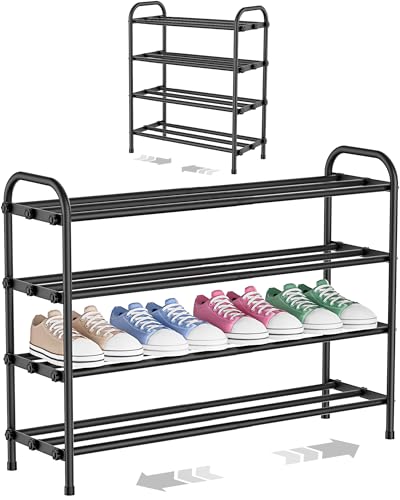 Zecaveler Schuhregal 4-stöckig Metall Schuhregal verstellbares erweiterbares Schuhregal ausziehbar 43 bis 79 cm platzsparendes schmales Schuhregal für Flur Diele Balkon Garderobe