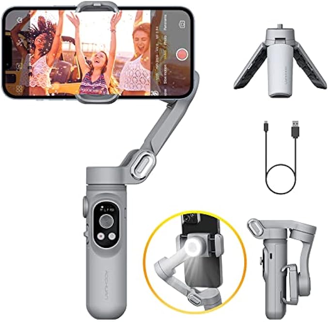 Gimbal Stabilizer for Smartphone w/LED Light Face Tracking Inception Timelapse Handheld Foldable 3-Axis Gimble for iPhone 14 13 12 11 Pro/Max Android Galaxy S21 YouTube TikTok Vlog AOCHUAN Smart X