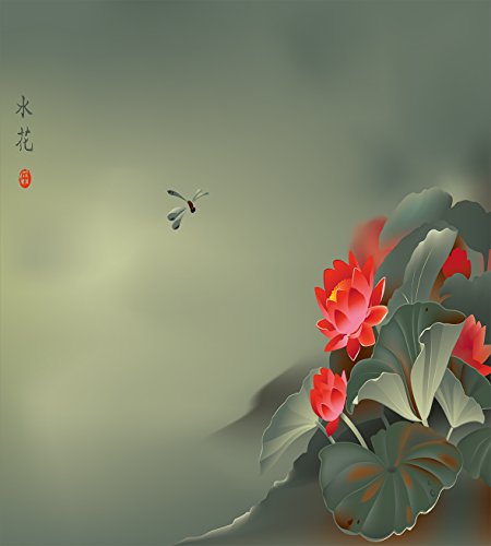 Ambesonne Dragonfly Duvet Cover Set, Traditional Japanese Painting Lotus Blooms In Tones Design, Decorative 3 Piece Bedding Set With 2 Pillow Shams, King Size, Red Reseda Green #TOP1