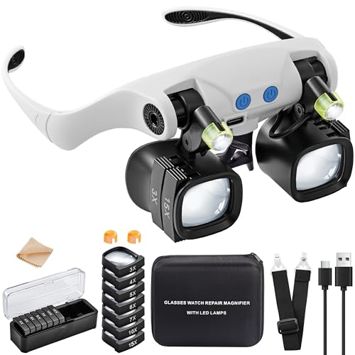 JARLINK Magnifying Glasses with LED Light, Hands Free Magnifier with 14 Interchangeable Lenses 3X 4X 5X 6X 7X 10X 15X, Magnifying Glasses for Close Work, Crafts, Jewelry, Sewing, Electronics Repair
