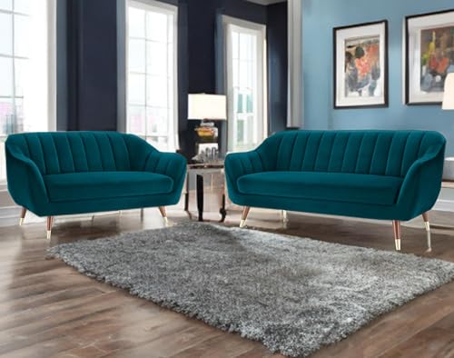 Image of AMATA Marino Solid Wood 3+2 Seater Ocean Blue Suede Velvet Fabric Sofa Set with Two Cushions Perfect for Home Office Guests Living Room (04 Ocean Blue, 3+2 Seater)(3 Year Warranty)